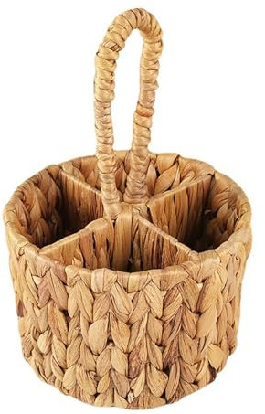 GUDAGUU Wicker Flatware Storage Basket ,Woven Flatware Organizer Hand Woven Divided Cutlery Holder Kitchen Utensil Silverware Organizer with Handle for Table Decor Party (Round)