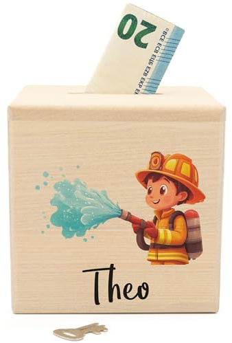 Geschenkfreude Personalisierte Spardose aus Holz - 10 x 10 cm Feuerwehr | Sparschwein, Spardose mit Namen, Holz sparbüchse personalisierte Geburt Feuerwehrauto kinderspardosen Name schlüssel
