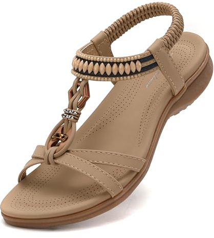 Littleplum Sandales Femme Mode Été Sandales Confortable Plates Strass Bout Ouvert Chaussures(beige,39EU)
