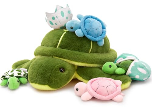MorisMos 45cm Plüsch Kuscheltier Schildkröte mit 4 Baby im Panzer, 7 Stücke Süß Kuschelig Schildkröten Plüschtier Stofftier, Turtle Kinder Geschenk für Geburtstag Themeparty