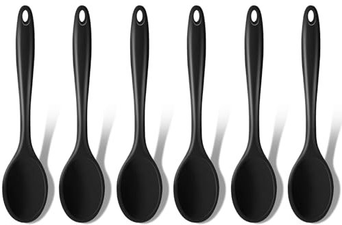 6 Stück Plastiklöffel, Kochlöffel Silikon Rührlöffel Hitzebeständig Serviertischlöffel Antihaft Silikon Löffel für Camping-Essen Kochen Rühren Mixen Backen, 20,3cm, Schwarz