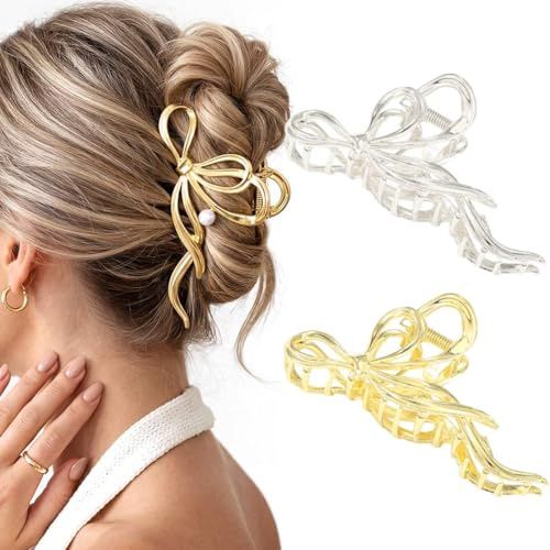 Zoestar Fermaglio per capelli con fiocco, in metallo dorato, con perle, antiscivolo, accessori per capelli eleganti per donne e ragazze (confezione da 2)