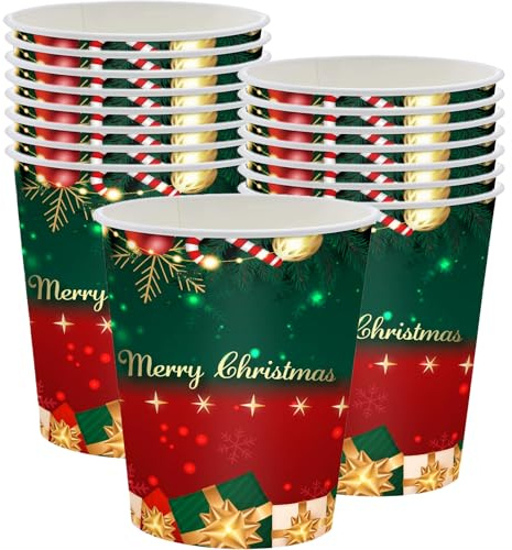 MOMAHUA 16 x Weihnachts-Partybecher, 250 ml, glänzendes rot/grünes Papier, glänzende Tischdekoration für Zuhause, Weihnachtsfeierzubehör – 16 Gäste