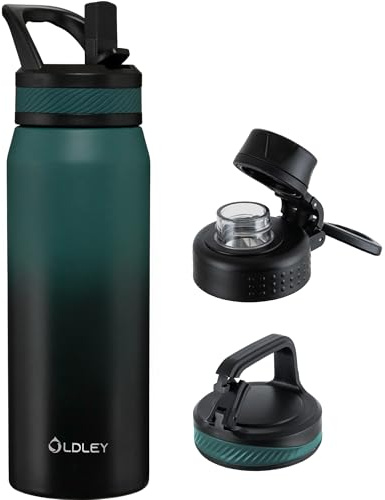 OLDLEY 750ml Insulated Water Bottle with Straw, Stainless Steel Water Bottles with 3 Lids & Handle, BPA Free Leakproof Thermal Metal Drink Flask Keep Hot and Cold for Sports, Gym, Hiking (Green Black)