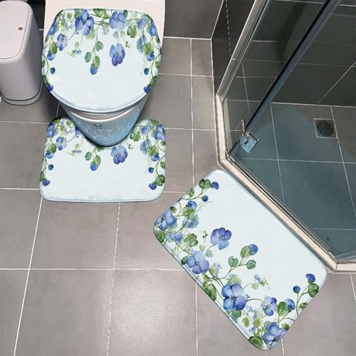 Badezimmermatte Grüne Lila Blätter rutschfeste Badmatte Waschbar Bath Mat Bad Vorleger Memory Schaum Badezimmerteppich U förmige WC Teppich Badteppich Set 45x75 cm