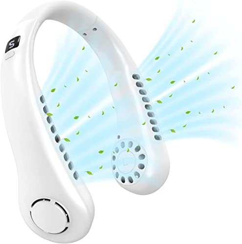 Ventilador de cuello portátil para colgar, ventilador de cuello recargable por USB, sin aspas, ventilador personal de refrigeración con flujo de aire de 360°, ventilador deportivo portátil con monitor