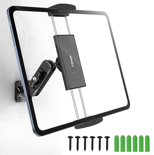 APPS2Car Soporte iPad de Pared, Soporte Tablet con Instalación con Tornillos para Cocina y Pared, Base y Brazo Metálico Ajustable 360°, Compatible con Dispositivos 4,7–13”
