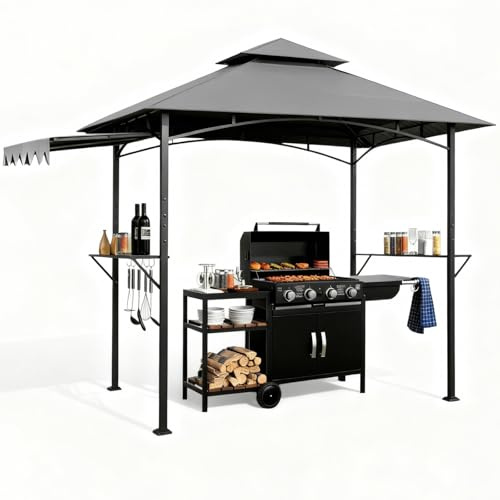 WoRaum Grillpavillon mit Seitenmarkise–Erweiterbare Grillüberdachung mit Doppeldach,2 Ablagen & Klemmmontage, Wetterfester Gartenpavillon für BBQ und Outdoor, Ausführung mit Seitenmarkise