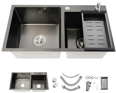 ROGONPDK Fregadero de cocina de acero inoxidable, fregadero empotrado, fregadero doble con escurridor 78 x 43 cm, doble cuenco, fregadero de acero inoxidable, fregadero multifunción, juego de