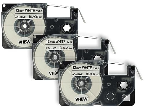 vhbw 3x Schriftband-Kassette kompatibel mit Casio KL-8100 | KL-820, KL-8200, KL-C500, KL-P1000 Etiketten-Drucker 8m x 12mm Schwarz auf Weiß - Ersatz für XR-12WE1, XR-12WE