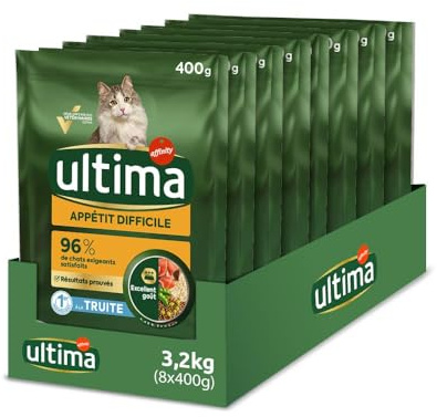 Ultima Appétit difficile Truite - Nourriture seche pour chat - Lot de 8 x 400g - Total 3,2kg