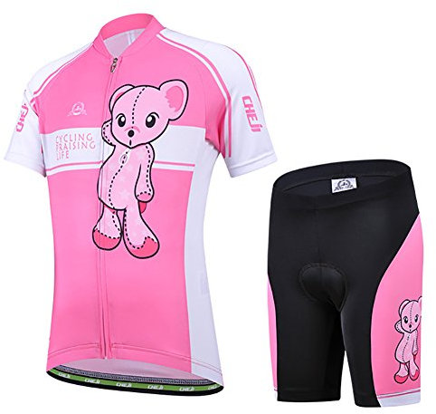 LSHEL Maillot de Ciclismo Niños, Conjunto Ropa Niños Niñas Manga Corta y Pantalones Cortos Transpirables, rosado, 4-5 años