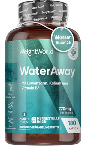 Water Away Kapseln - 11 in 1 Komplex für 3 Monate - Mit Apfelessig, Grüner Tee, Löwenzahn, Kalium, Paprika - 180 Entwässerungskapseln - Nur 2 Kapseln pro Tag - Vegan & Glutenfrei - WeightWorld