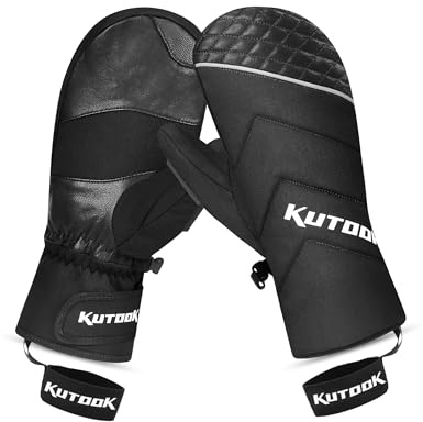 KUTOOK Gants de Ski Hiver en Duvet pour Homme et Femme Cuir Impermeable Moufles Polaire Thermique Snowboard Luge Motoneige 3M Thinsulate Coussin Coupe-Vent Noir 2XL