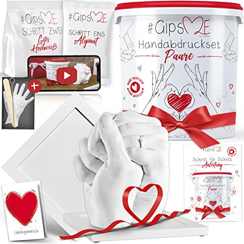 GipsME Handabdruck-Set für Paare inklusive Holzsockel, Gipsabdruck-Hände Paar – Gipsabdruck-Set als Jubiläumsgeschenk für Sie und Ihn, Paargeschenke für Frauen aus Gips