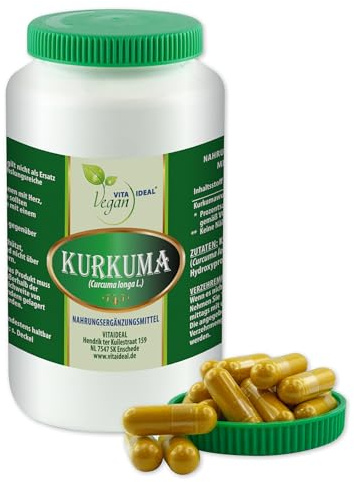 VITA IDEAL Vegan® KURKUMA - Wurzel 180 KAPSELN - Curcuma - Kurcuma - Curkuma - Tagesportion 1000 mg KURKUMAWURZEL reines Pulver. Natürlich, pflanzlich & ohne Zusatzstoffe.