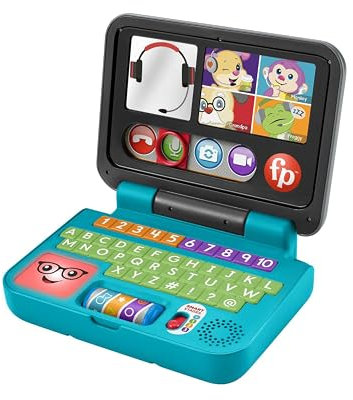 FISHER-PRICE Lernspaß Homeoffice Laptop – elektronisches Lernspielzeug mit Smart-Stages-Lerninhalten, Lichtern und 55+ Liedern, ABC, Zahlen und erste Deutsch Wörter Lernen, ab 6 Monaten, HGX00