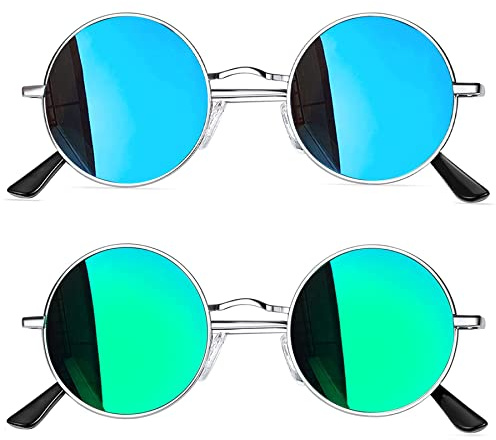Joopin Ronde Vintage Lunettes de Soleil Polarisée pour Homme et Femme 2 Pack Lunettes Rétros Style Solide Basique Miroir Effet Bleu et Vert