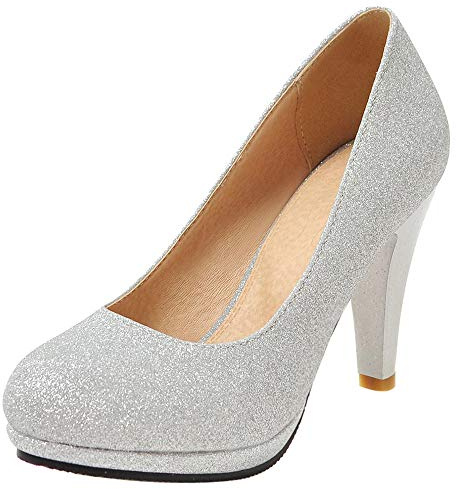 Chaussures de Fête Femme, Escarpins Cônique Elegant Chaussures de Mariage Talons Hauts Bout Rond avec Plateforme Briller Argent Taille 45 EU