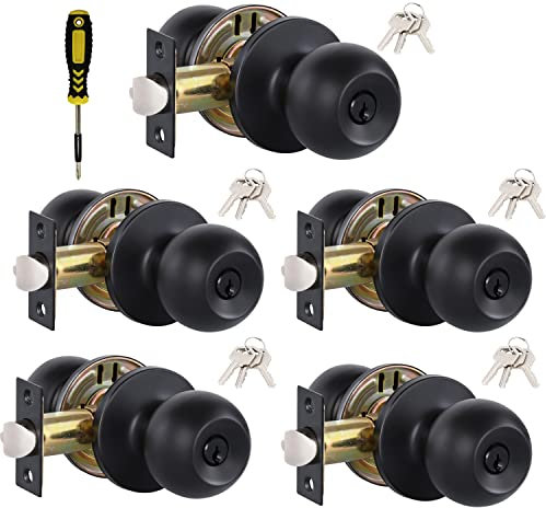 Lanwandeng Paquete de 5 pomos de puerta negros con cerradura y llaves iguales, perilla de puerta interior/exterior para dormitorio o baño, accesorios de manija de puerta de entrada