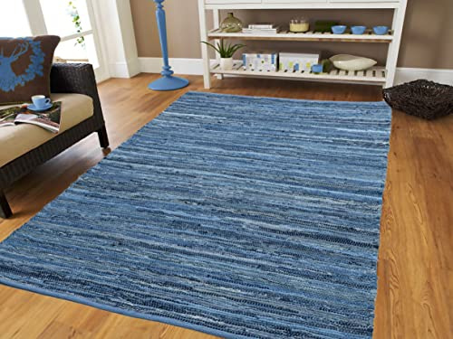 SISOSU Cotton Area Rug - Carpets Suitable for Living Room, Bedroom, Dining Room, Home Décor - Handcrafted Traditional Rugs - Non-Skid - Chindi Cotton Rag - 5’ x 8’ - Denim
