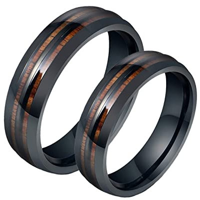 AMDXD Eheringe, 6mm Edelstahl Freundschaftsringe Damen Schwarz mit Holz Ring Herren, 2er, Frauen 62 (19.7) & Männer 62 (19.7)