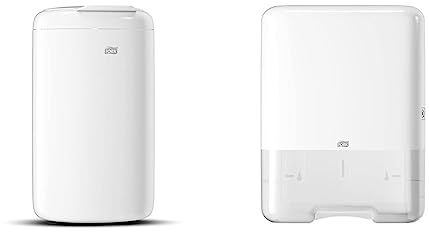 Tork Elevation Papierkorb 5L - Kompakter Sanitärbehälter mit selbstschließendem Deckel - Flexible Montage an Wänden - 33,8 x 19 x 16 cm - Weiß & Spender für Zickzack-Handtücher Weiß H3