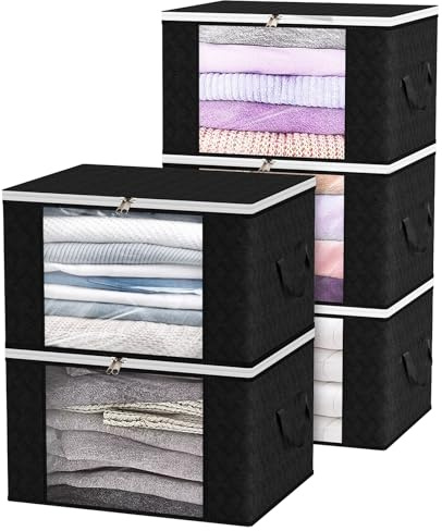 Revivoer Storage Bag, Pack of 5 Clothes Boxes, Storage, Foldable Storage Bags with Zip and Handles for Clothes, Duvets and Bedding, Clothes Storage Boxes (Black)