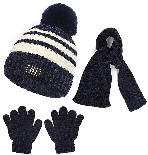 Baynetin 3 Piezas Punto Sombrero Bufanda Guantes, Térmico Pompón Beanie Gorro Cálido Grueso Polar Tejido Bufanda Guantes Set para Niños Niñas 2-8 Años Deportes al Aire Libre Regalos (Azul Marino)