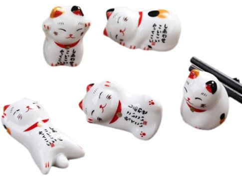 Gsycle 5 Pièces Repose-Baguettes, Porcelaine Mignon Chat Baguettes Cuillère Support Ensemble Chinois Porte Baguettes Support De Baguettes Décoratif pour Cuillère, Fourchette, Couteau