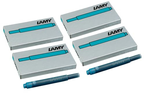 Juego de 4 cartuchos de tinta LAMY T10 con gran capacidad de tinta, aptos para todos los modelos de plumas estilográficas LAMY. Contenido: 1,25 ml por cartucho. 5 uds/paquete. Color tinta: turquesa
