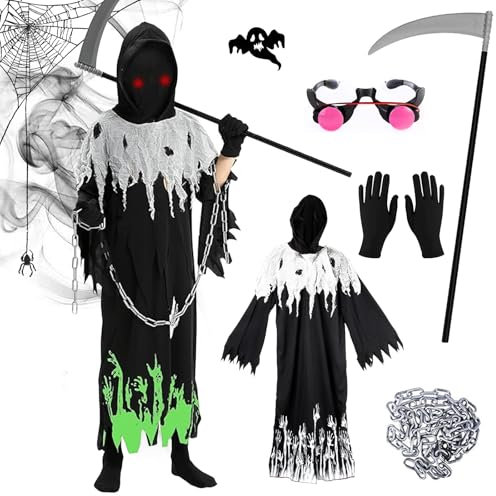 HIQE-FL Costume da Tristo Mietitore,Costume Morte Bambino,Vestito Halloween Tristo Mietitore Disponibilecon Guanti Falce,per Halloween Carnevale Cosplay Vestire