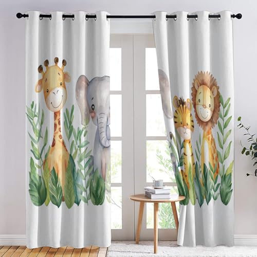 SZLYZM Vorhänge Zootiere, Verdunkelungsvorhang 2er Set - Vorhang Blickdicht Dschungel Tiere Muster, Thermovorhang für Deko Wohnzimmer Schlafzimmer, Gardinen mit Ösen 200x140 cm (HxB)