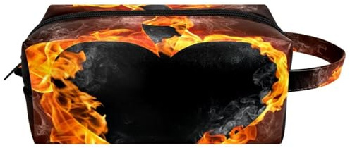 Travel Toiletries Bags Cosmetic Bag for Women Microfiber Leather Makeup Handy Pouch Organiser with Zipper, Spades Card in Fire Flames
