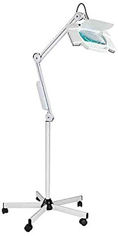 uhyOHF Magnifier, 5X Square Magnifying Glass LED Lamp with Rolling Floor Stand Adjustable Swivel Arm Beauty Magnifier Lamp for Tattoo Folding Shadowless Salon Spa Nail Skin,White(