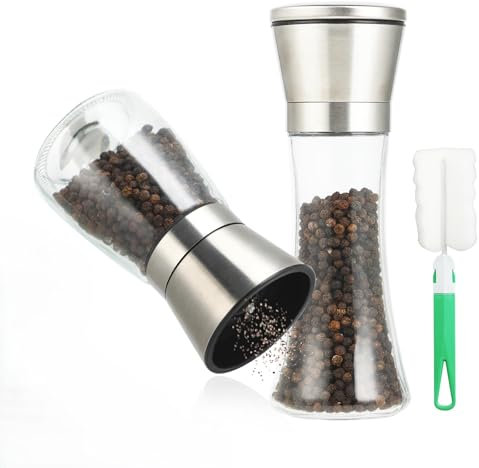 Set de molino de sal y molino de pimienta - Molino de sal para sal gruesa - Grinder de acero inoxidable 304 y vidrio libre de plomo (13,5 x 6,5/19 x 6,5 cm)