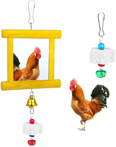 Lnngub Chicken Toys - 1pc Hanging Bell Parrot Chicken Swing Mirror + 2pcs Beak Grinding Stones for Enrichment, Perfect for Coop, Birds, Parrots, Hens, Roosters, and More