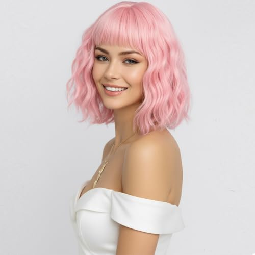 SIMKAYLEE kort lockig rosa peruk med lugg damer rosa peruk vågig axel längd rosa bob peruker lockar för kvinnor för karneval karneval temafest halloween cosplay (30 cm)