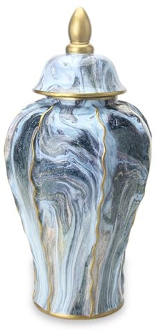 ZLSNOBLE Jarra Jengibre Grande, Jarra Jengibre Azul Gris, Jarrón Cerámica Hecho A Mano con Tapa, Centro Mesa Decorativo Chino Jarra Decorativa para Casa, Boda, Fiesta(30 * 62cm)