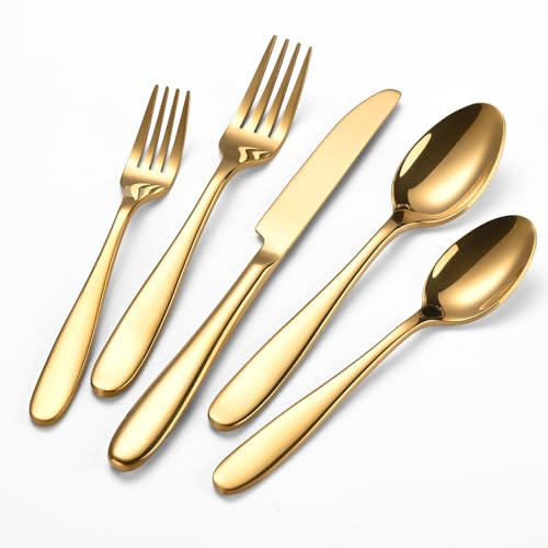 40-Piece Gold Silverware Set, Flatware Set for 8, Food-Grade Stainless Steel Tableware Cutlery Set, Mirror Finished Utensil Sets for Home Restaurant, Forks Spoons and Knives Set, Dishwasher Safe
