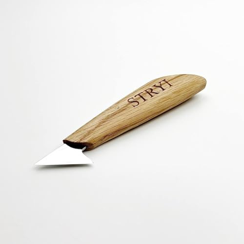STRYI Profi Schnitzmesser 35 mm – Handgeschmiedetes Kerbschnitzmesser aus Kohlenstoffstahl W1-7 – Doppelseitiger Schliff – Eichenholzgriff – Ideal für Reliefs und geometrische Muster