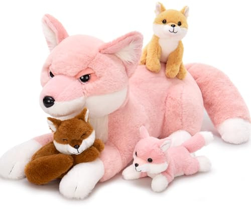 MorisMos groß Fuchs Kuscheltier XXL mit 3 Babys im Bauch, 55cm riesen Plüsch-Fuchs plüschtier stofftier, weich foxteddy Soft Toy Stuffed Animal, Geburtstag Weihnachten Geschenk für Jungen Kinder