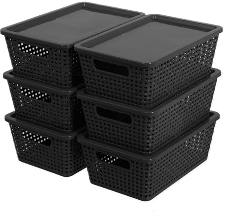 Citylife Set of 6 Pack Plastic Storage Baskets With Lid, Storage Basket for Organizing,Stackable Storage Containers Bins Boxes for Kitchen Bathroom Desktop Closet Classroom Office,Black