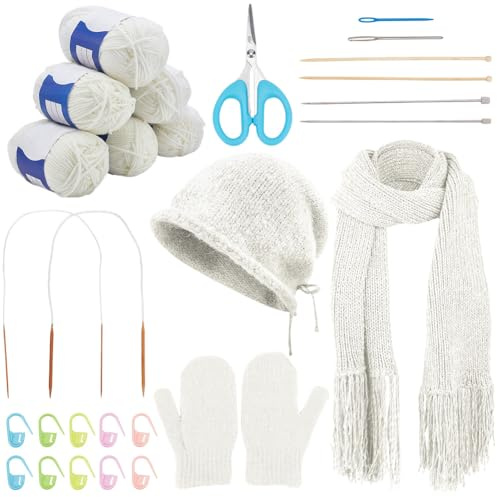 WEBEEDY Komplette Stricksets Für Anfänger Strickstarter Set Mit Wolle Für Hut Schal Und Handschuhe 6 Stück Stricknadeln Videotutorial Für Erwachsene Zum Häkeln von Accessoires