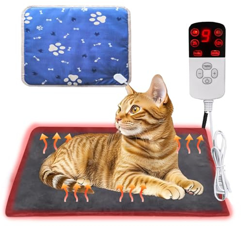 Haustier Heizdecke, Tapis Chauffant pour Chats Chiens,Tapis Chauffant Chat mit 12 Stufen Timer und Temps& 9 Réglages Température 35-55℃ Temperatur,Couverture Chauffante Animaux Anti-Mordant(45 * 45cm)