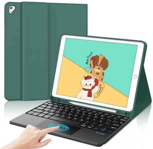 IVEOPPE Teclado para iPad 6/5 generacion 9.7/Air 2/Air 1/Pro 9.7 con Touchpad, Funda Teclado con Trackpad Español Ñ QWERTY Bluetooth Desmontable para iPad 2018, Verde Oscuro