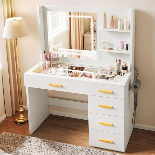 YITAHOME Coiffeuse éclairée Miroir Tabouret Lumière réglable 5 tiroirs Compartiments Ouverts Blanc