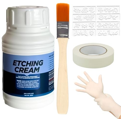 Ekukeon Pâte à Graver Pour Verre, Pâte à Graver Pour Verre Avec Gants | + Pinceau + Ruban Adhésif + Pochoir, Pâte à Graver Pour Verre Colorée, Pâte à Graver Pour Verres Et Artisanat (80g)