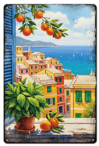 GLOBLELAND Cartel de chapa de metal con paisaje mediterráneo, 8 x 12 (5) cm para ventanas, pintura vintage, cartel de chapa, placa de pared, placa para cocinas, comedores, salones, dormitorios