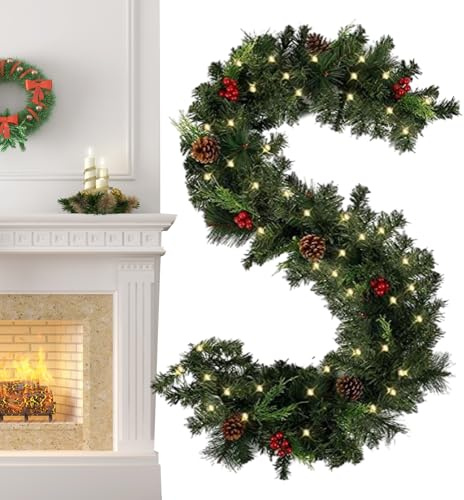 Chaies Weihnachtskette mit Lichtern | Lichterkette mit roten Früchten | Weihnachtsbeeren, batteriebetrieben mit 5,9 Fuß Dicke, 2 Beleuchtungsmodi, mit Lichtern